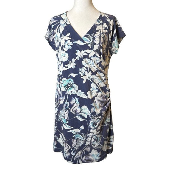 Soft Surroundings Blue Floral Shapely Anywhere Faux Wrap Dress Size Large Spring - Picture 2 of 10